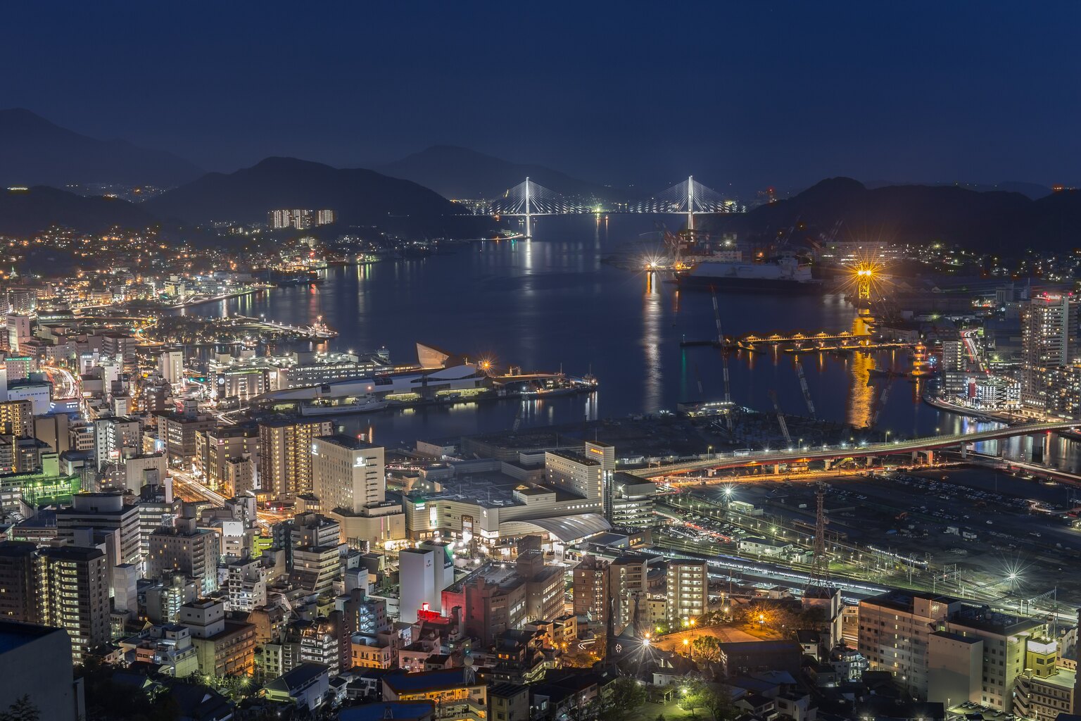 稲佐山方面から望む長崎港と市街地の夜景